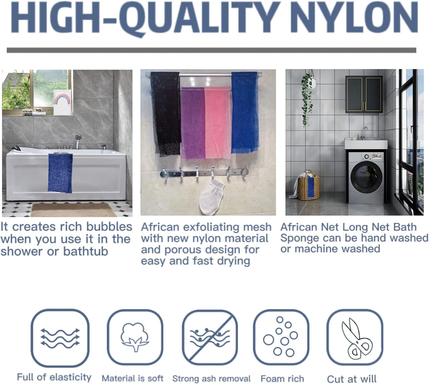 4 Pieces African Exfoliating Net, African Net Sponge, Nylon African Bath Sponge Net, African Net Long Net Bath Sponge Shower Body Scrubber (Black, Blue, Pink, Purple) image number 2