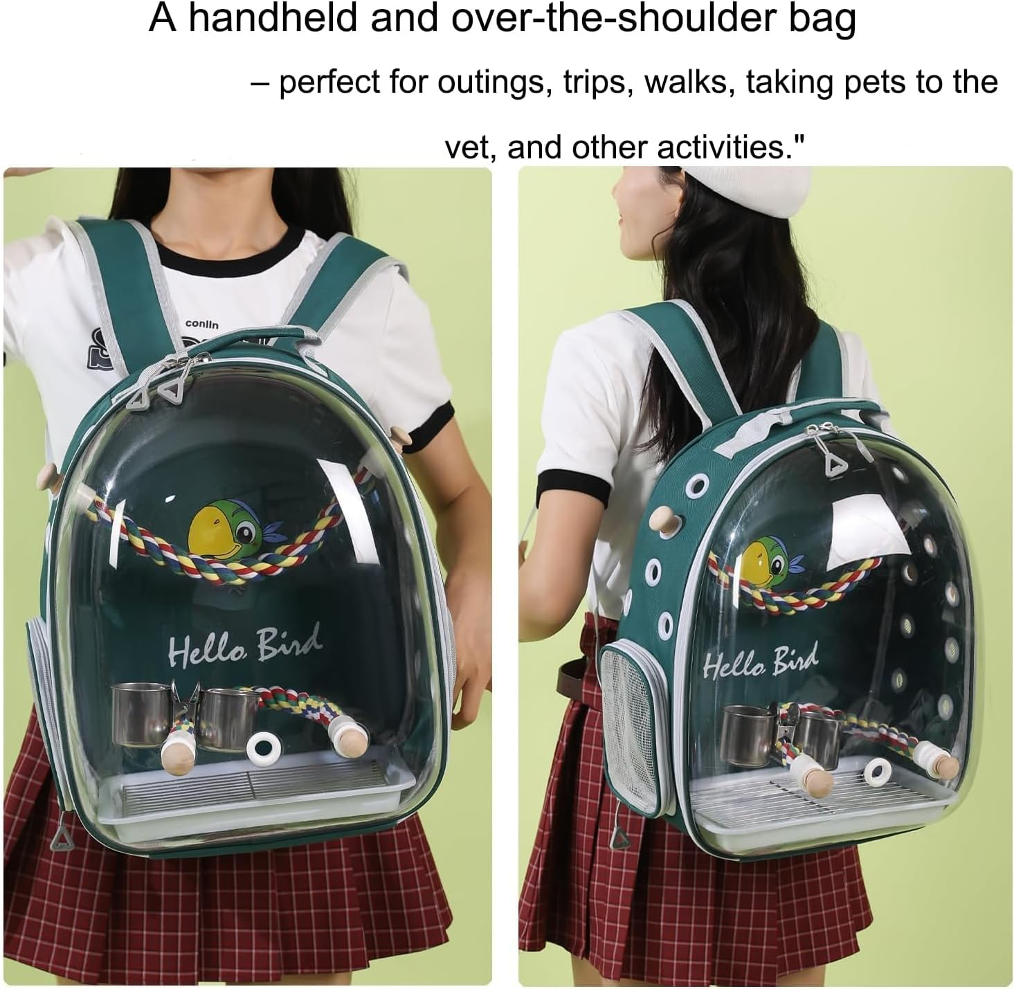 Bird Traval Carrier Cage, Multi Vent Holes Clear Space Capsule Astronaut Backpack to Carry Parakeet Cockatiel Parrot with Metal Tray Wood Perch, Vet Transport Book Bag (Green) image number 4