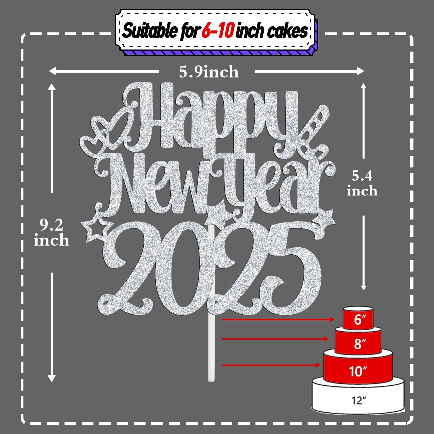 Happy New Year 2025 Cake Topper, Happy Holiday/Merry Christmas Cake Decor, New Year'S Eve Festival Party Decoration Suppllies, Silver Glitter image number 1