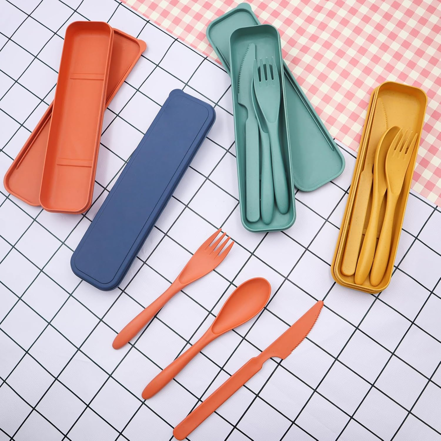 4 Piece Cutlery Set Travel Cutlery Portable Plastic Cutlery Camping Cutlery Knife Spoon Fork Cutlery Set with Case Reusable for Daily Use Outdoor Tableware Camping Picnic - Blue, Green, Orange, Yellow image number 4