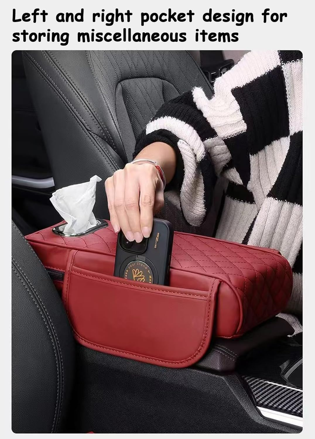 Car Console Armrest Pad with Tissue Box,Car Center Console Cushion with Pocket and Tissue Box,Universal Waterproof Leather Auto Armrest Seat Box Protector,Car Armrest Cover for SUV, Truck (Khaki)