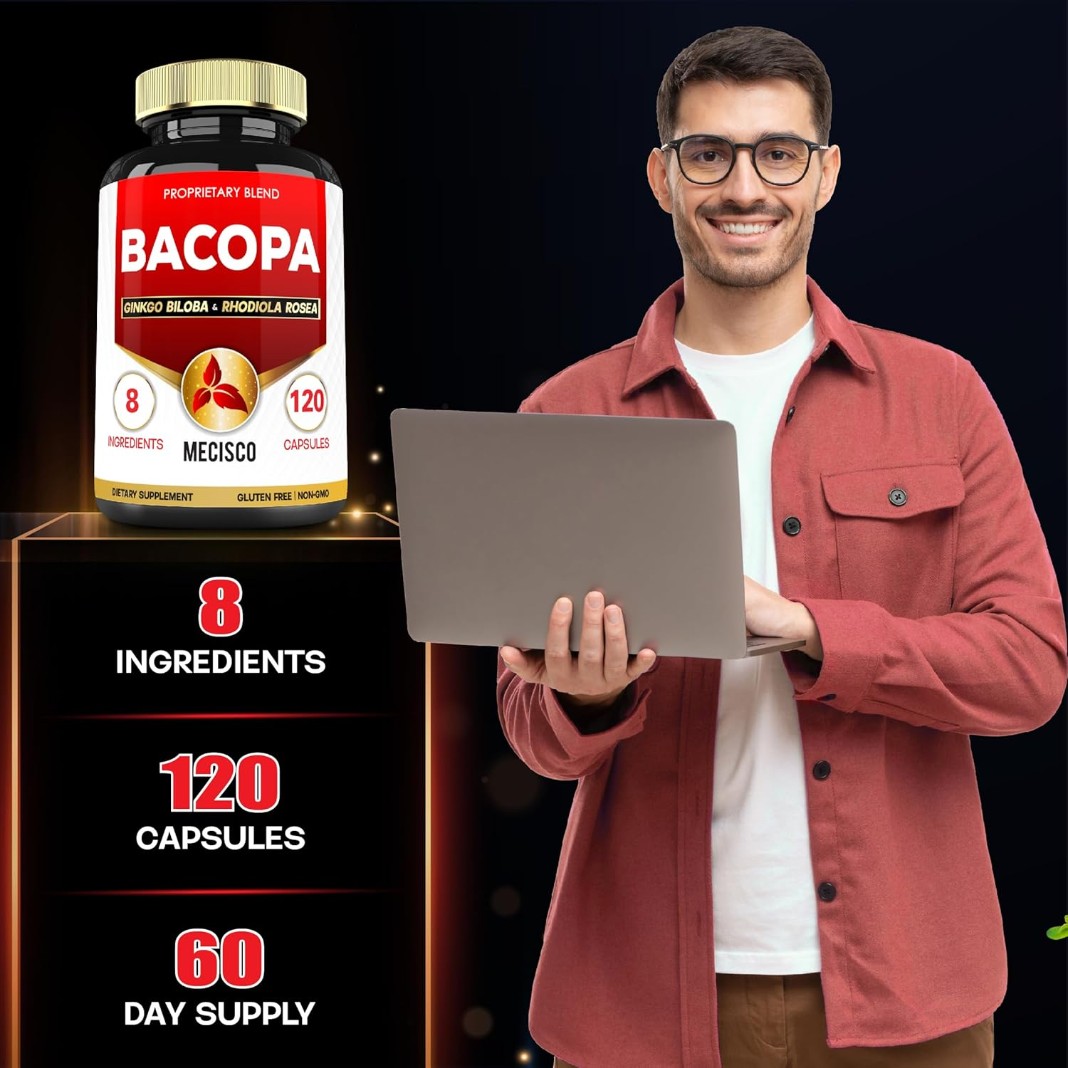 34100Mg Bacopa Supplement Added Ginkgo Biloba, Rhodiola Rosea, Gotu Kola, St Johns Wort, Ashwagandha Root, Rosemary Leaf, Black Pepper - Relax Mood, Memory & Brain Health - 120 Capsules for 2 Months image number 2