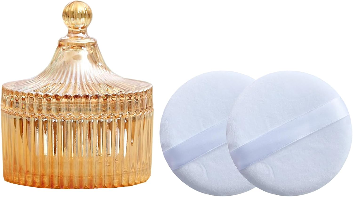 Body Powder Puff and Container, Glass Box for Dust Puff, Powder Applicator with Case for Dusting Powder (Retro)