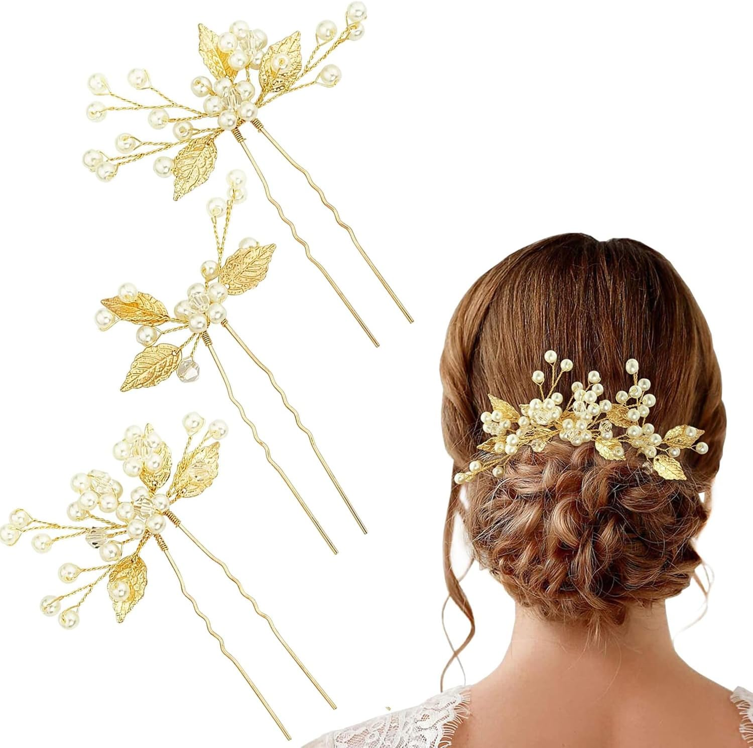 IONPSHG Pearl Wedding Hair Pins, U-Shaped Gold Leaf Bridal Hair Accessories for Women & Girls, Elegant Bride Hairpieces for Parties, Set of 3 image number 2