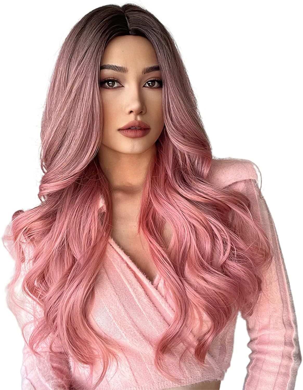 Eacam Pink Wigs Long Curly Wavy Hair Wigs for Women Wig Synthetic Straight Cos Wigs Heat Resistant Synthetic Hair Pink Curly Wavy Wig for Party Cosplay Daily Use image number 6