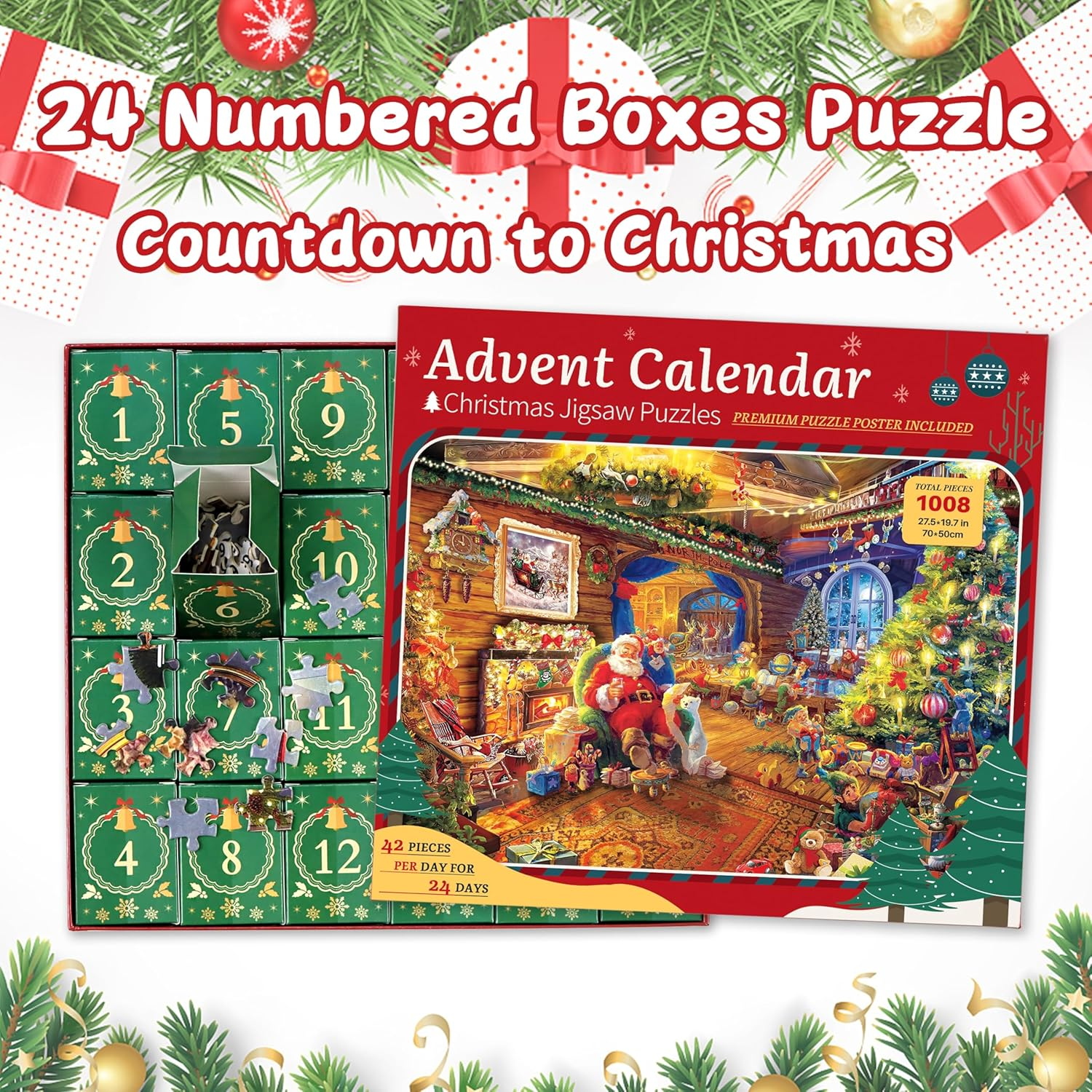 Advent Calendar 2025 Christmas Puzzle for Kids Adults - Santa'S Workshop 24 Boxes 1008 Pieces Advent Puzzle Countdown to Christmas Gifts for Boys Girls(27.56" X 19.69") image number 6
