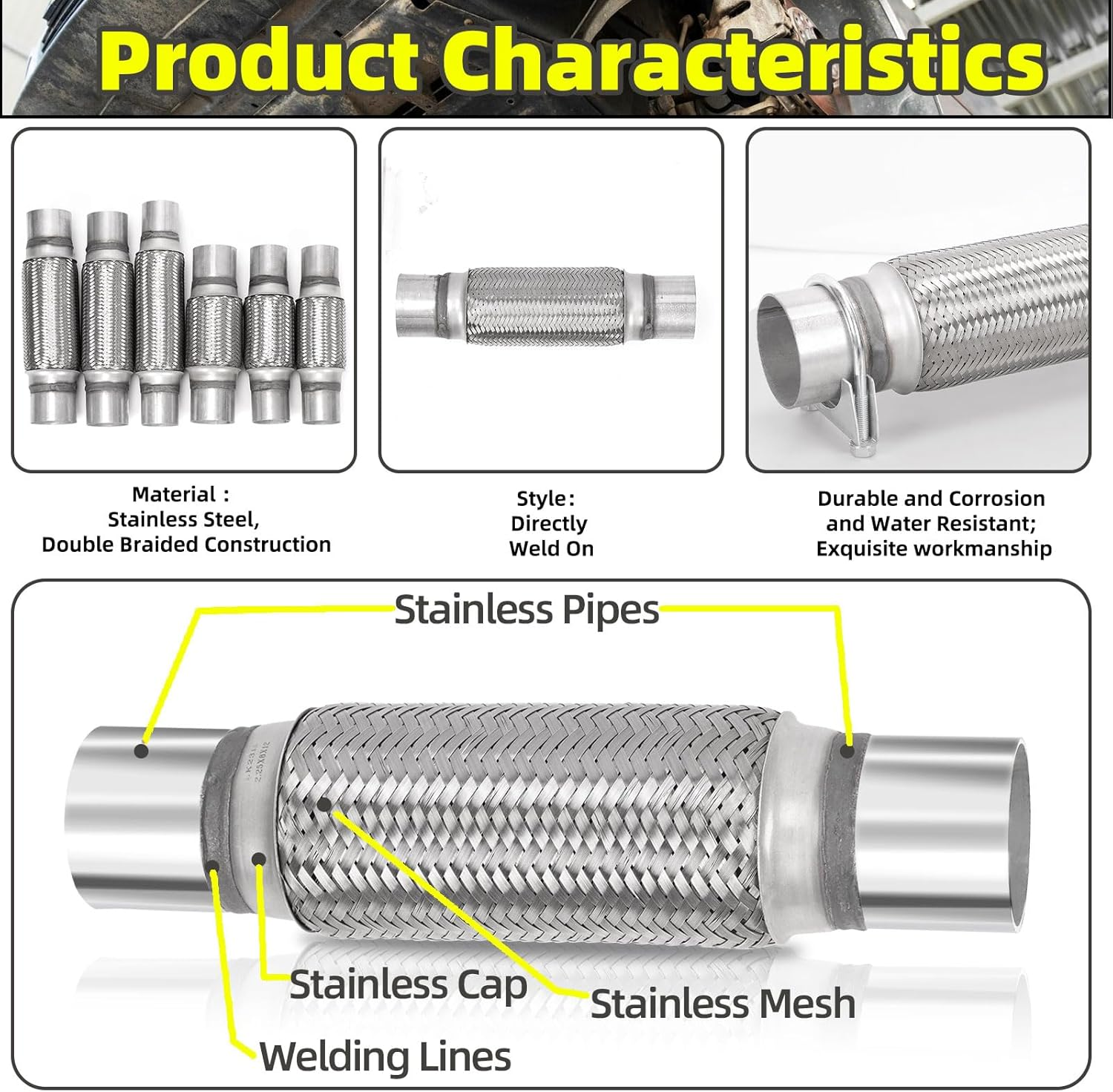 3Pcs Exhaust Flex Pipe Heavy Duty Stainless Steel Exhaust Flex Pipe Double Braid Exhaust Flex Tube U-Bolt Clamp Stainless Steel Muffler U-Bolt Clamps for Cars Trucks Buses Pipes(2" X 8" X 12")