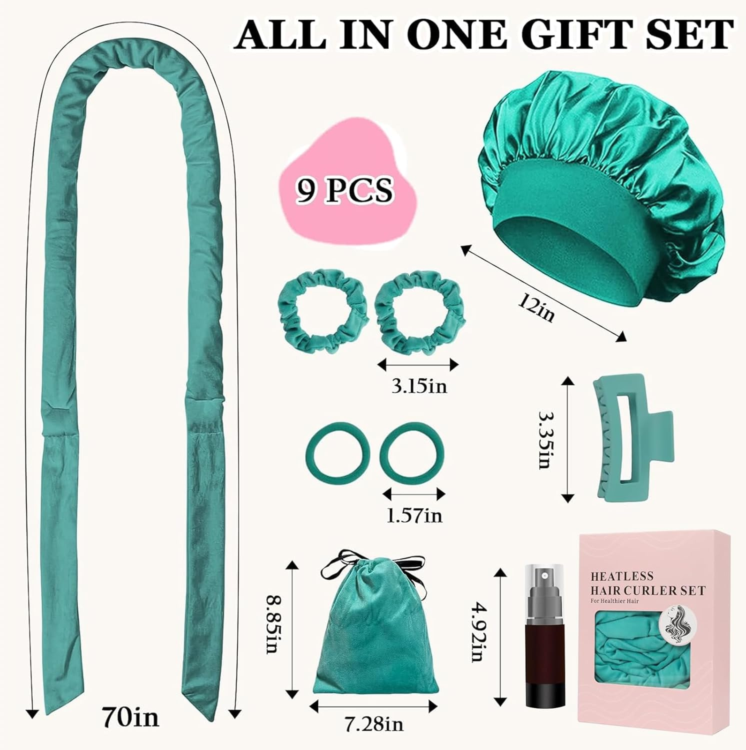 Weidllys No Heat Overnight Curl Headband, 70" Soft Ribbon Wrap for Long Hair, 9 PCS Hair Curling Rods Set - Blue Green image number 2