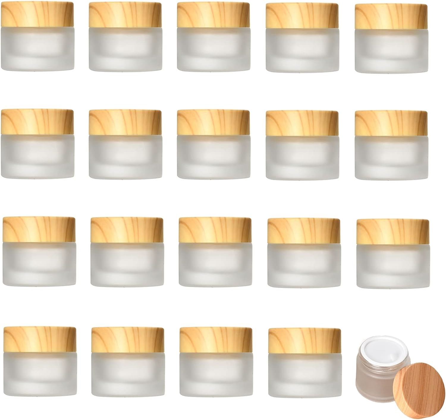 20 Pcs Glass Bottles (10G) 10 Gram/Ml Glass Cosmetic Containers with Lids Refillable Matte Cosmetic Cream Jar round Small Lotion Containers with Wood Grain Lid 20 PCS image number 1