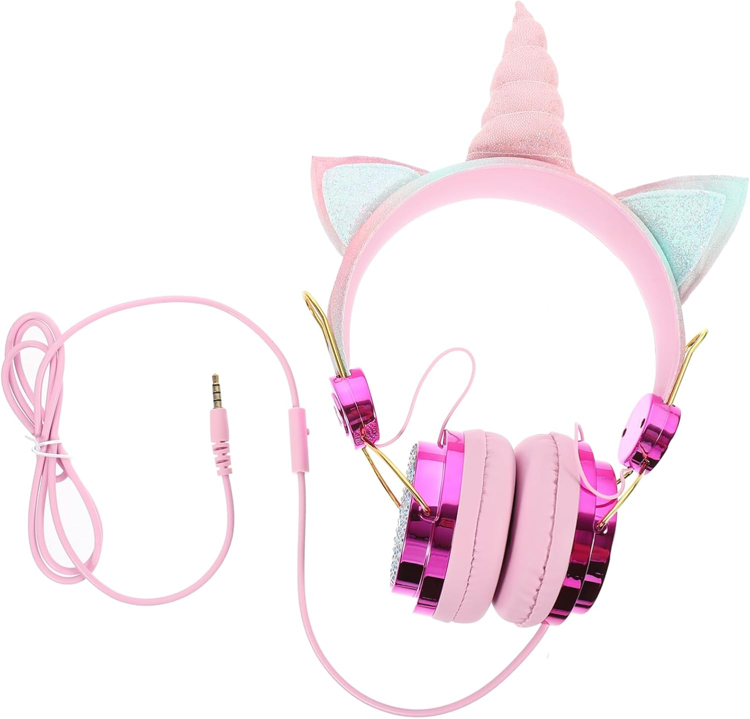 Operitacx over Ear Headphones with Mic for Laptop Phone Durable Cable Soft Comfortable Earmuffs Unicorn Rhinestone Design Wired Headset for Travel and Study Rose Gold image number 3