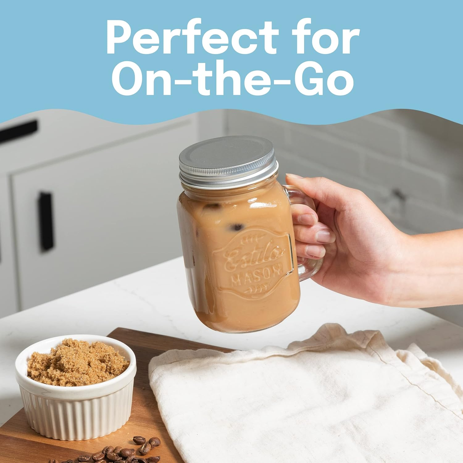 Estilo Mason Jar Mugs with Handles Old Fashioned Drinking Glass Set 6, 16 Oz Each image number 2