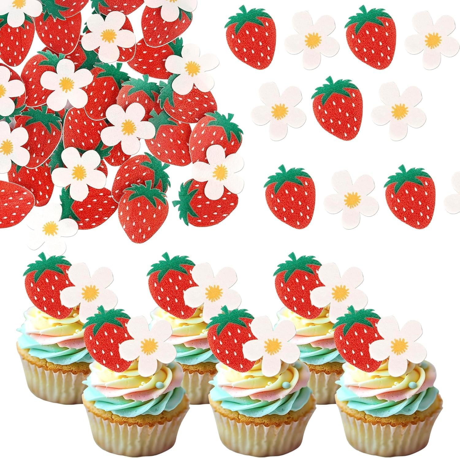 SYKYCTCY 60 Pack Edible Strawberry Cupcake Toppers Strawberry Flower Birthday Cake Decorations Edible Berry Bridal Engagement Cupcake Picks for Baby Shower Wedding Anniversary Party Supplies (#1) image number 5