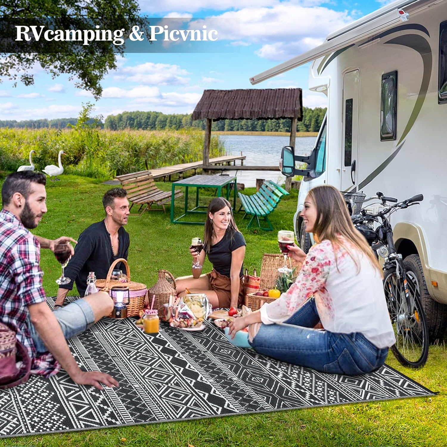 Lintimes Waterproof Outdoor Rug 8X10 Plastic Straw Reversible Rug Large Modern Geometric Floor Mat for Outdoors, UV Resistant Foldable Portable Carpet for RV, Deck, Picnic, Beach, Black & White image number 6
