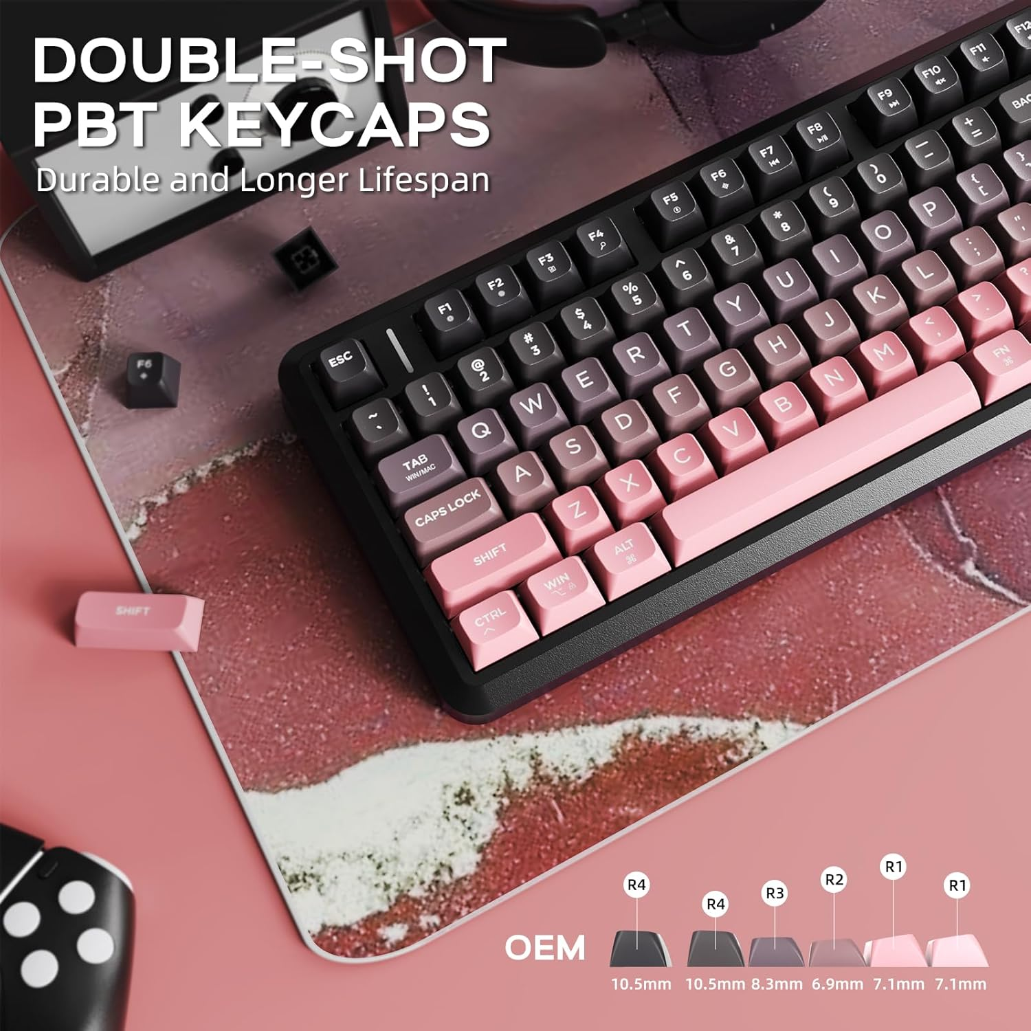 FREEWOLF X Attack Shark M75 Wireless Membrane Gaming Keyboard Mechanical Feel with Knob & OLED Display Bluetooth/2.4Ghz Rainbow Backlit Gradient PBT Keycaps 2000Mah Battery Anti-Ghosting-Pink image number 4