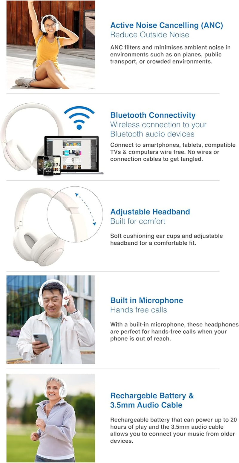 Laser Bluetooth Headphones with Active Noise Cancelling, 20-Hr Playtime, Wireless Travel Headphones, Built-In Microphone for Music and Calls, Works with Iphone, Samsung, Ipad, Tablets, Macbook - White image number 3