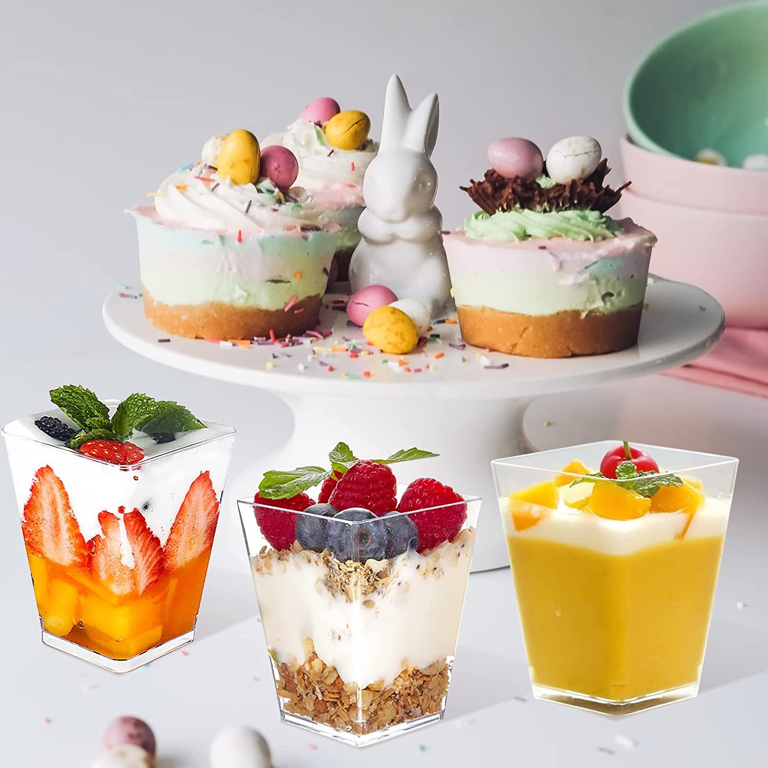 50 X 150Ml Dessert Cups with Lids & Spoons,Clear Plastic Square Cup - Small Reusable Serving Bowl for Tasting Party Shooters Desserts