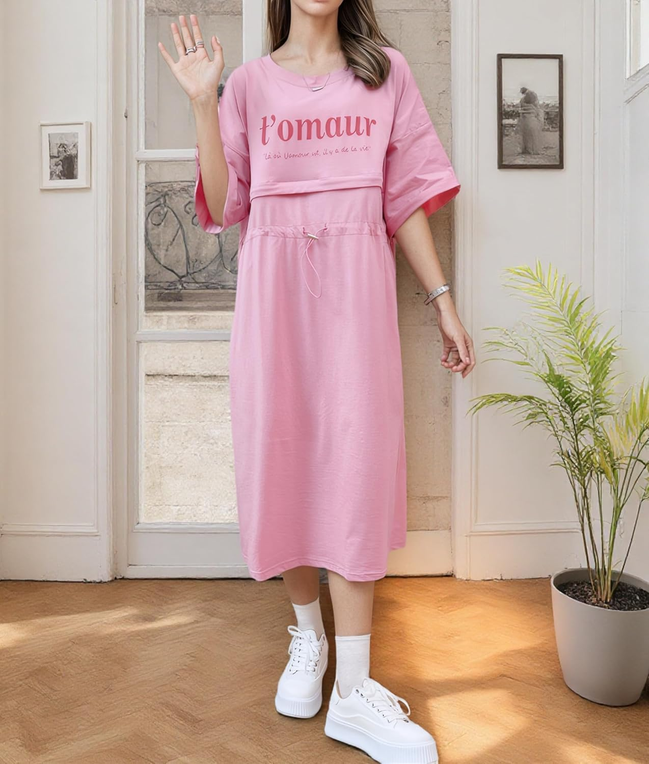 Maternity Dress - Nursing Breastfeeding Dress for Pregnant Women, Knee-Length Short Sleeve Casual image number 2