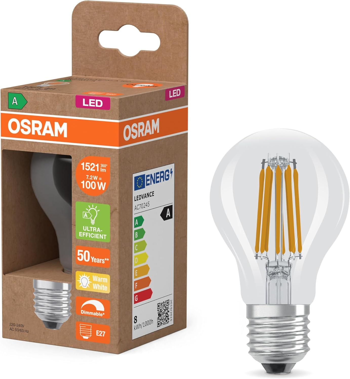 OSRAM Classic a 100 Filament LED Bulb Warm White LED Bulb 7.2W 1521LM 2700K E27 Clear Dimmable Energy Class A image number 3