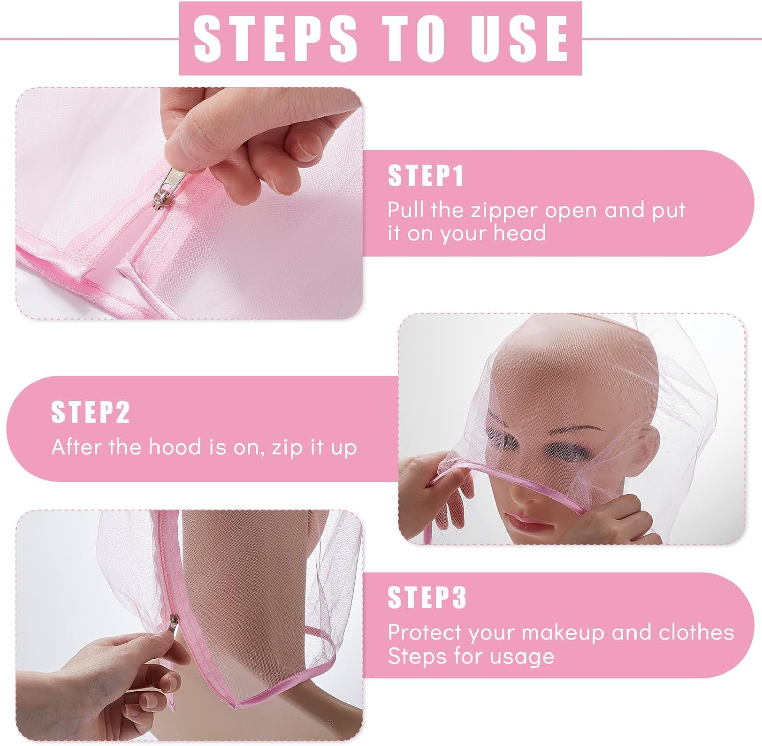 Flutesan 3 Pieces Makeup Protector Hood Protects Hair and Make up Nylon Chiffon Light Airy Makeup Hood Zipper Closure Face Cover Washable Hair Net Face Mask Cover for Women Beauty Weddings(Pink) image number 6