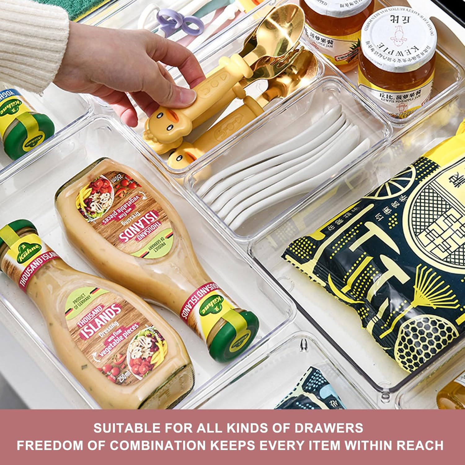 Clear Plastic Drawer Organizers Set, 4-Size Versatile Bathroom and Vanity Organizer Trays, Non-Slip Storage Containers for Makeup, Jewelries, Bedroom, Kitchen Utensils and Office（25Pcs） image number 4