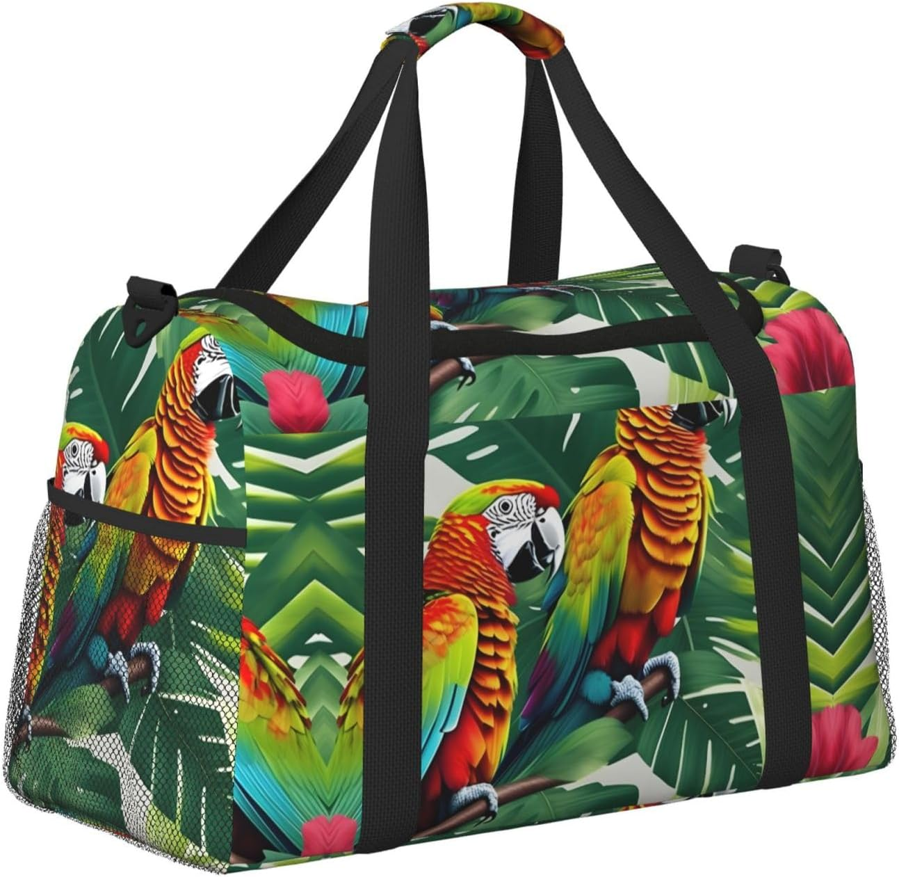 Tropical Flower Leaf Parrot Print Weekender Overnight Carry on Bag Duffel Bag for Travel Women Men Gym Luggage Bag Carry On, Black, One Size image number 1