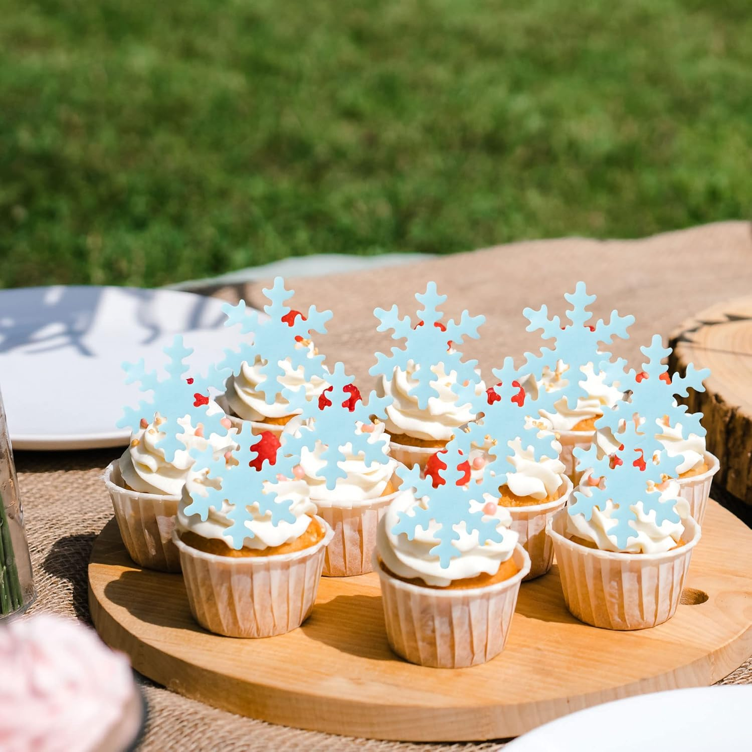 50Pcs Blue Edible Snowflake Cupcake Toppers Snowflakes Cake Topper Decorations for Christmas Winter Holiday Frozen Theme Babyshower Birthday Wedding Party Supplies - Blue image number 2