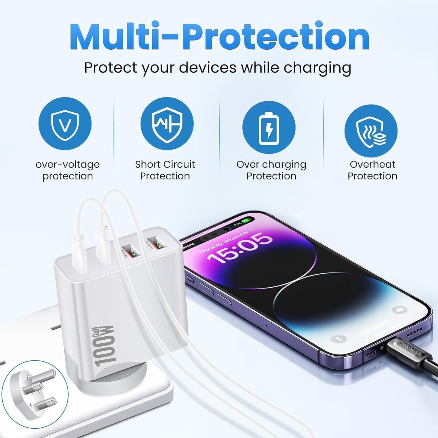 140W USB C Gan Charger - 140W USB-C PD Charger, Qc3.0Wall Charging Block, 2USB-C&2USB-A Laptop Charger Withus, UK, EU, AU Plug Heads&Travel Plugs Compatible with Macbook, HP, Dell, Iphone 16,Forgalaxy image number 4