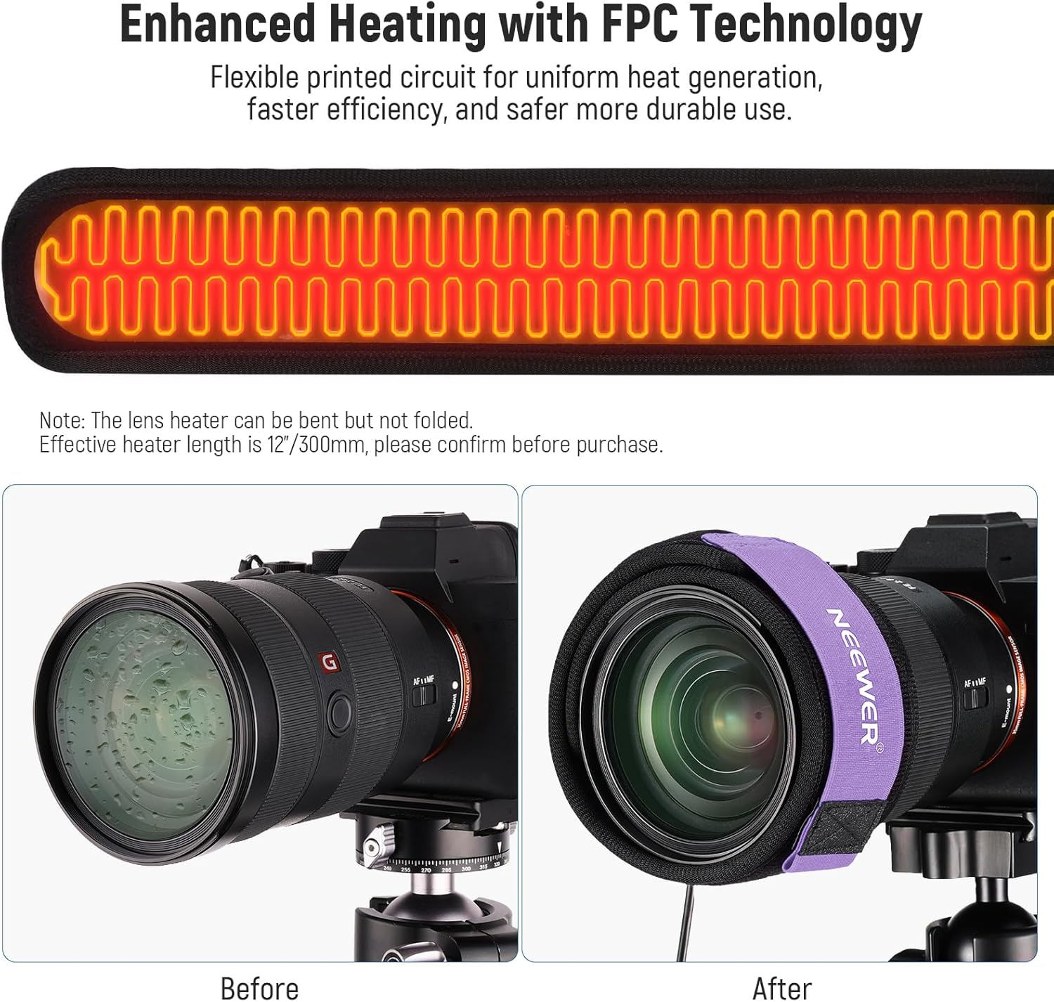 NEEWER USB Lens Heater, 12"/300Mm Lens Warmer with FPC Fast Even Heating Tech for DSLR Camera, Telescope, Astrophotography - 3 Temperature Levels, Prevents Dew/Fog/Condensation, HW-28 image number 3