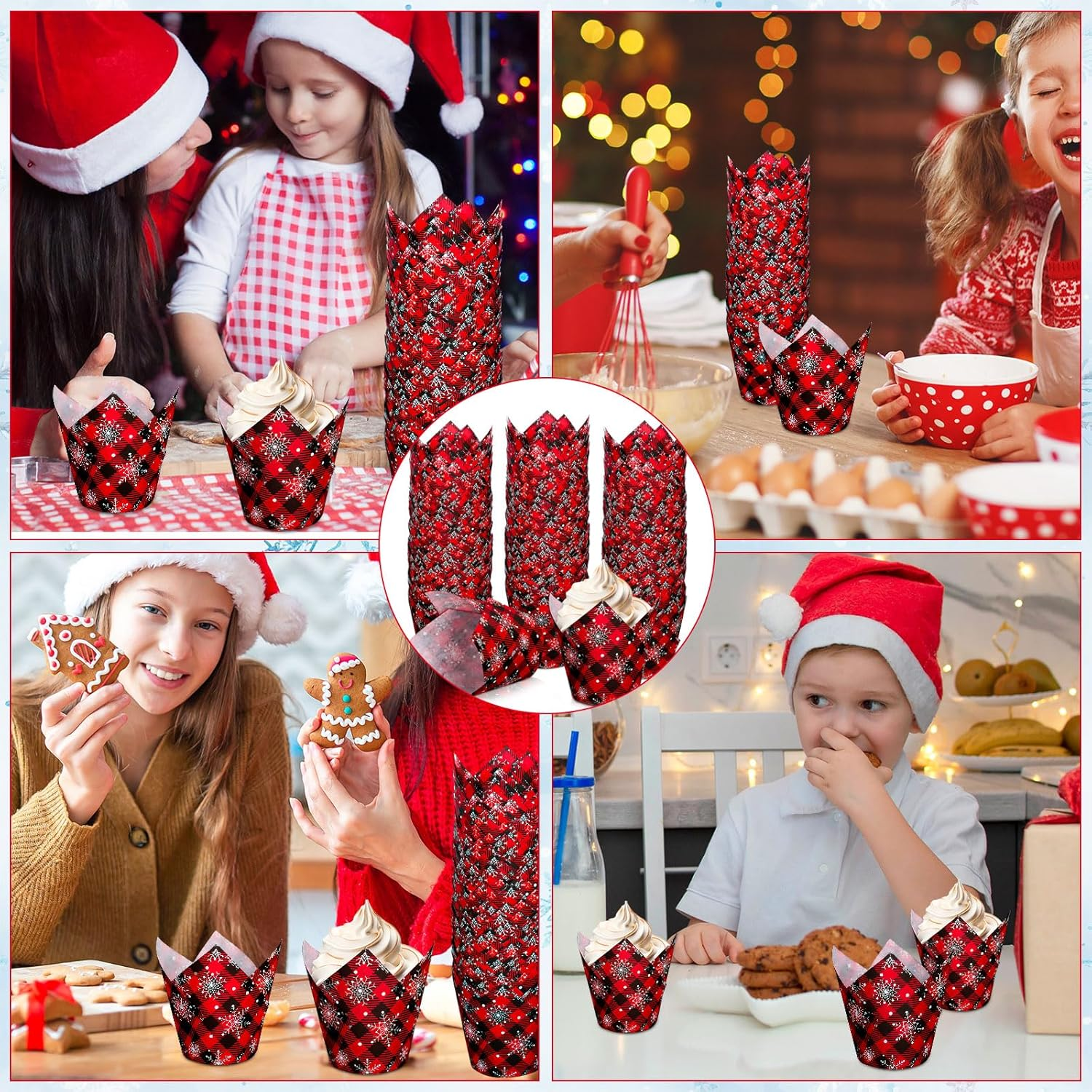 Whaline 200Pcs Christmas Plaid Tulip Cupcake Liners Plaid Snowflake Muffin Tulip Baking Cups Xmas Red Black Tulip Cupcake Wrappers for Holiday Party Supplies image number 3