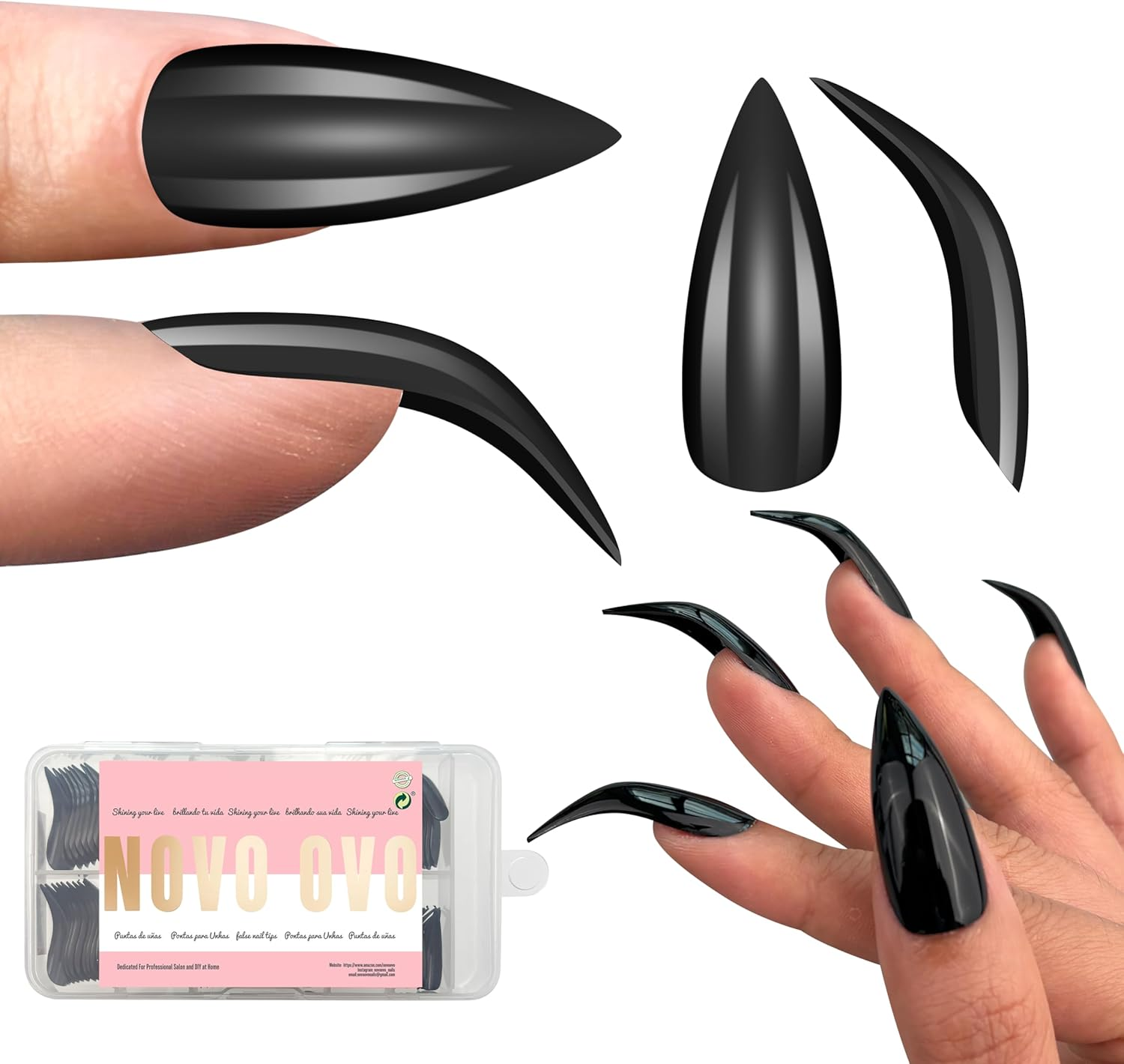 NOVO OVO Halloween Black Nail Tips Curved Stiletto, Full Cover Gel X Extension Kit for 3D Eagle Claw Nails, Extra Thick Hawk Deep Curve Almond French Tips Soft False Fake Acrylic Nail 12 Size 120Pc image number 5