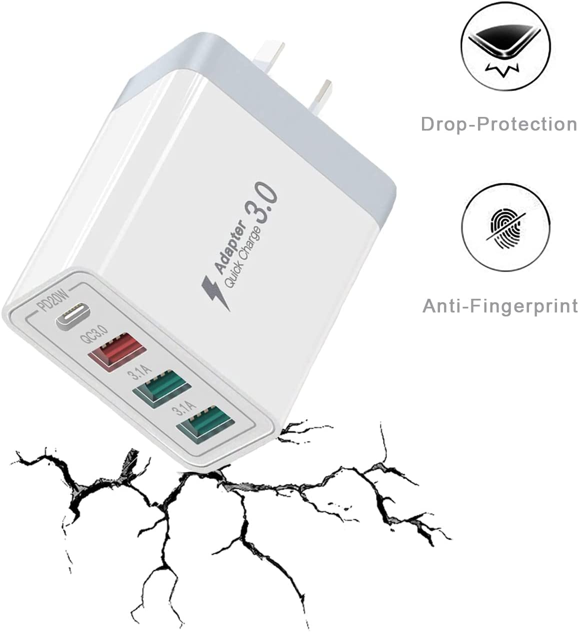 USB Wall Charger,35W QC 3.0 4 Ports USB Power Adapter[20Wpd+Qc3.0+3.1A], Fast Charger Plug Compatible with Iphone 14/13/12/11/Xs/Xs Max/Xr/X/Samsung Galaxy S23/S22/S21/S20/Google Pixel and More - 4-Port Usb C image number 2
