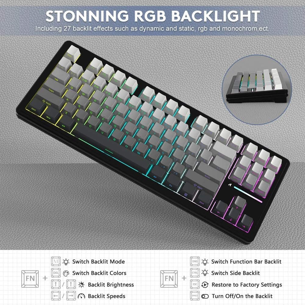 Attack Shark M87PRO TKL Wireless Mechanical Gaming Keyboard, BT5.0/2.4G/USB-C Wired Hot Swap RGB Keyboard 80% US Layout,Linear White Switches Gradient Side Print PBT Keycap for PC Mac - Moonlit Night image number 4
