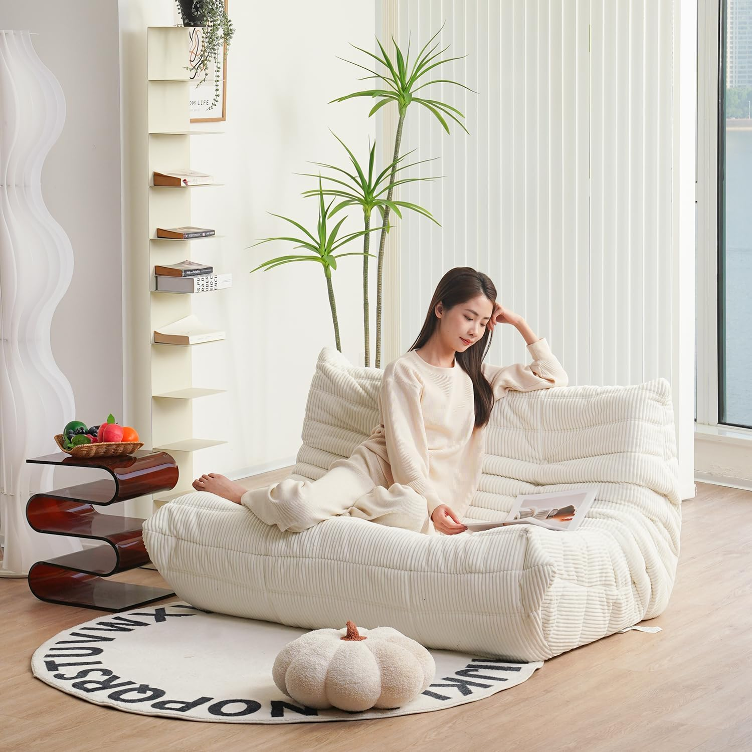 N&V Fireside Loveseat, Mid Century Armless Twin Size Floor Sofa, Soft Premium Corduroy Floor Lounge Chair, Foam Sofa Accent Chair for Living Room Bedroom and Office, Lime - Brown Sugar image number 7