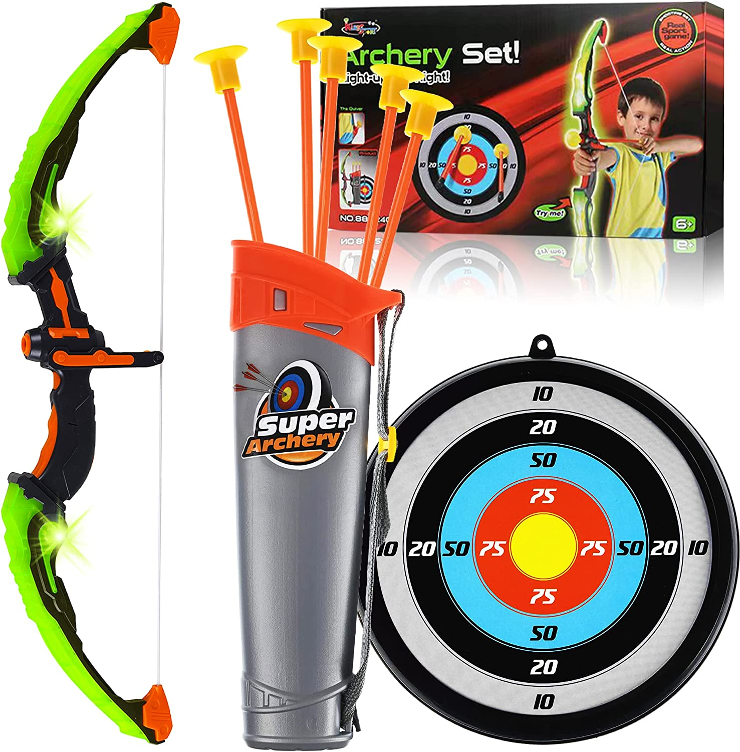 Dr.Kbder Bow and Arrow for Kids 8-12, Boys Toys Outdoor Sport Game, Green Light up Archery Toy Set with 5 Suction Cup Arrows, Target & Quiver, Ideal Christmas Birthday Gifts for Kids image number 3