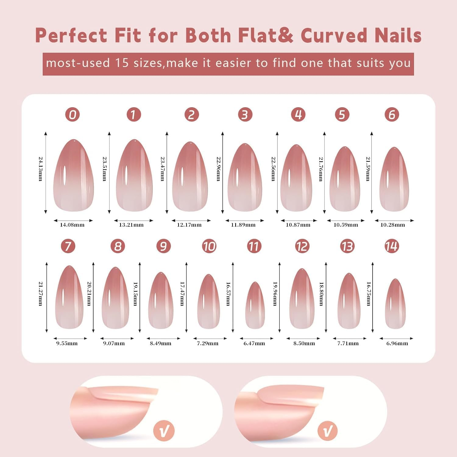 French Gel Nail Tips -150Pcs French Tip Press on Nails Pink Medium Almond 3 in 1 X-Coat Tips Pre-Applied Base Coat, No Need to File Fake Nails for Nail Art DIY 15 Sizes (Gradient Color, Almond) image number 2