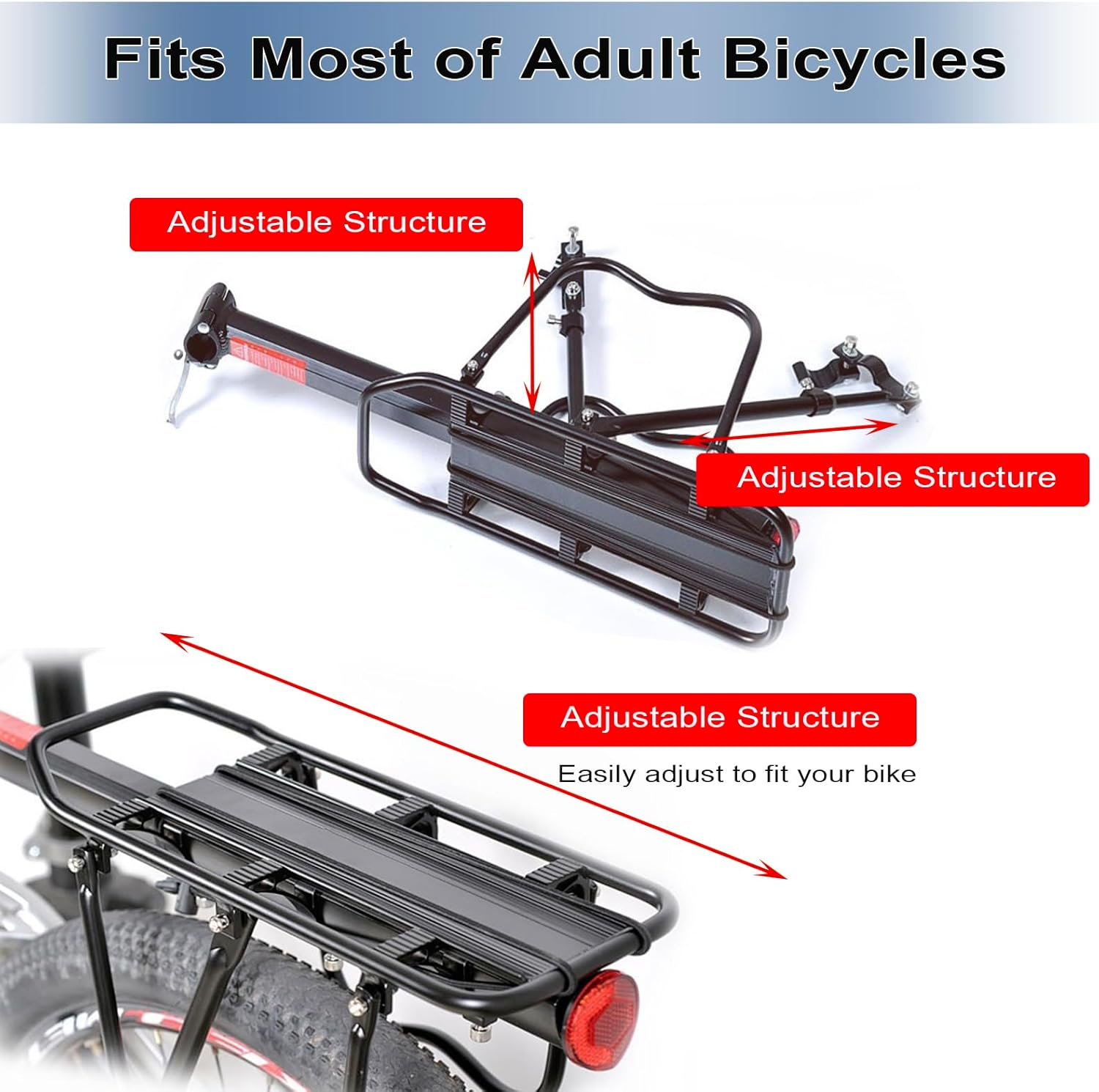 Bike Rear Cargo Rack - Adjustable Bicycle Trunk Pannier Back Rack with Fender and Reflector, Easy Install Quick Release Bike Luggage Carrier Rack with 130 Lbs Capacity for Mountain, Road, City Bikes image number 5