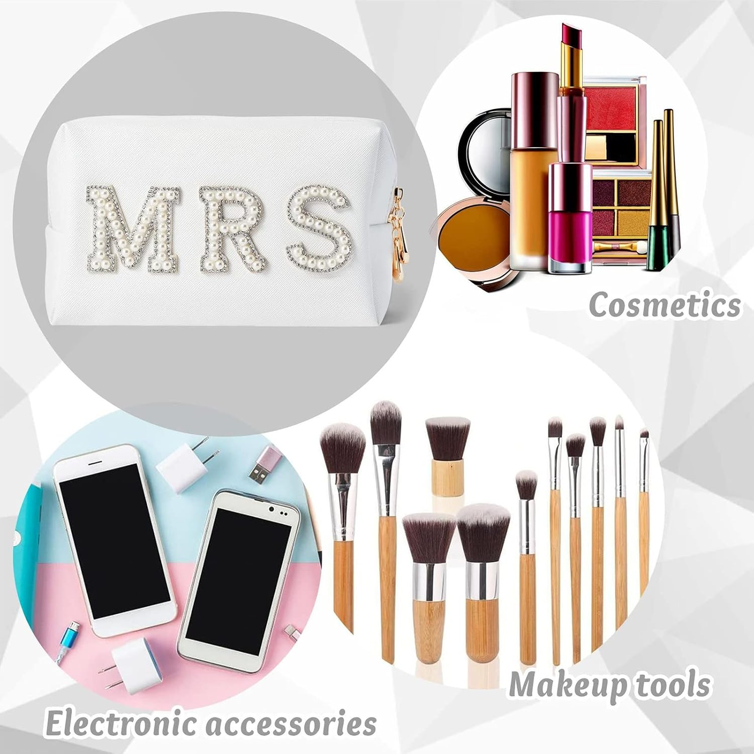 AGDGV Bling Varsity Letter Makeup Bag - Pearl Rhinestone Patches, PU Leather, Waterproof Zipper Purse for Women