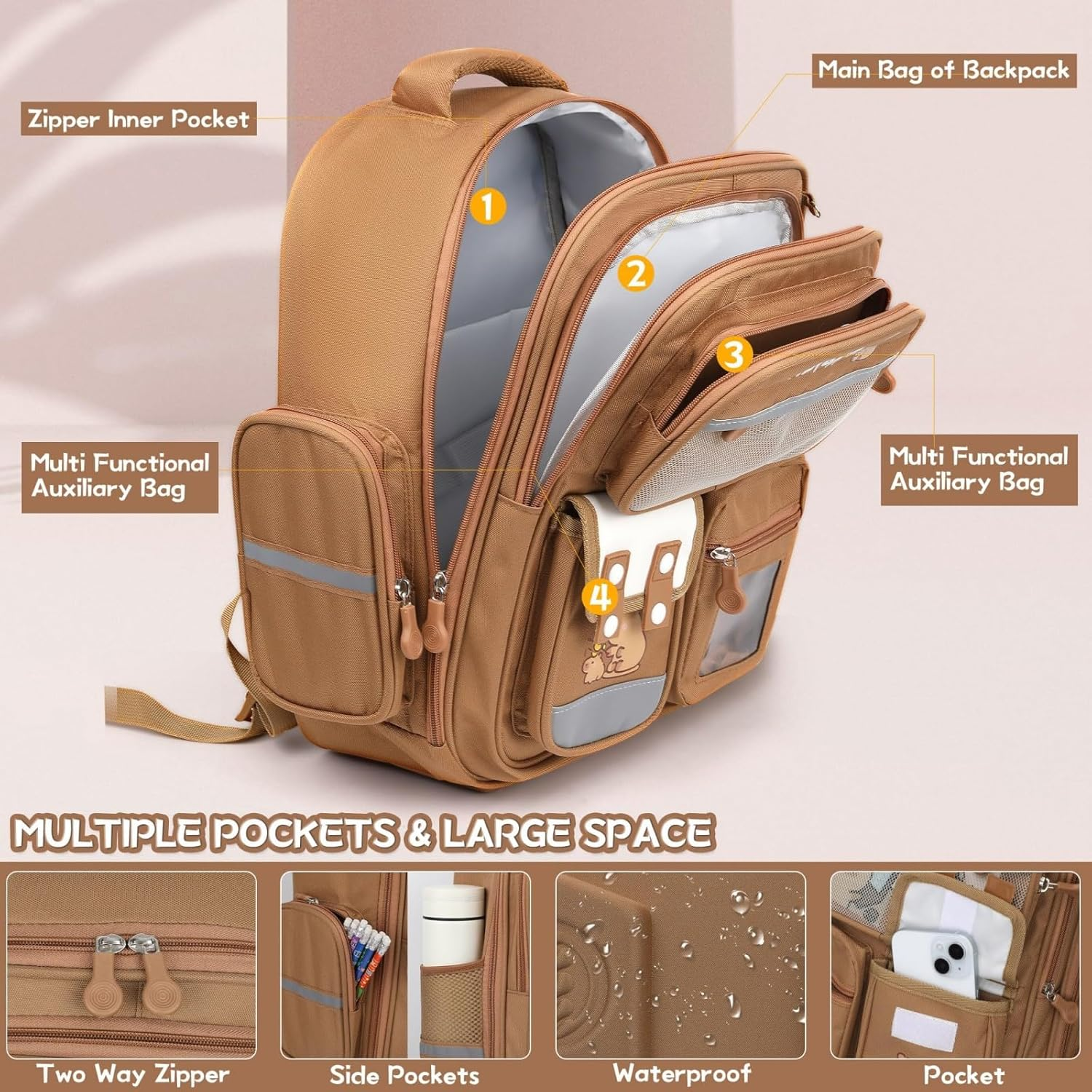 Mochila Capybara Backpack for School Kindergarten Kids Cute Cartoon Large Size Travel Book Bag with Suppes Stationery Set 1 Pencil Case Three Cards 6 Badges and 1 Plush Pendant Brown Schoolpack image number 1