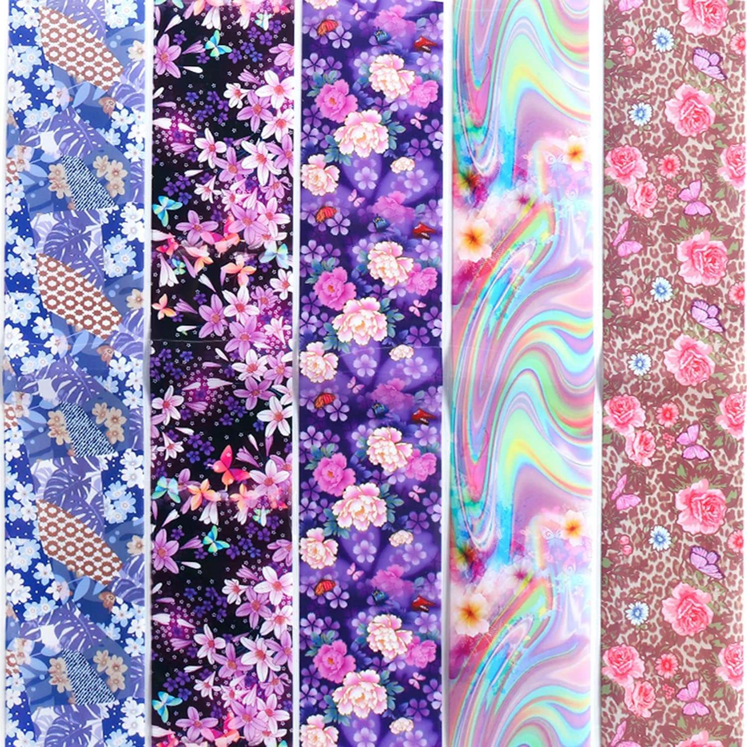 Flowers Nail Art Foil Transfer Stickers Decals, Holographic Pink Floral Nail Art Design, Nail Art Foils for Nail Transfer Glue Polish, Women Fingernails Toenails Acrylic Nails Decoration (10 Rolls)