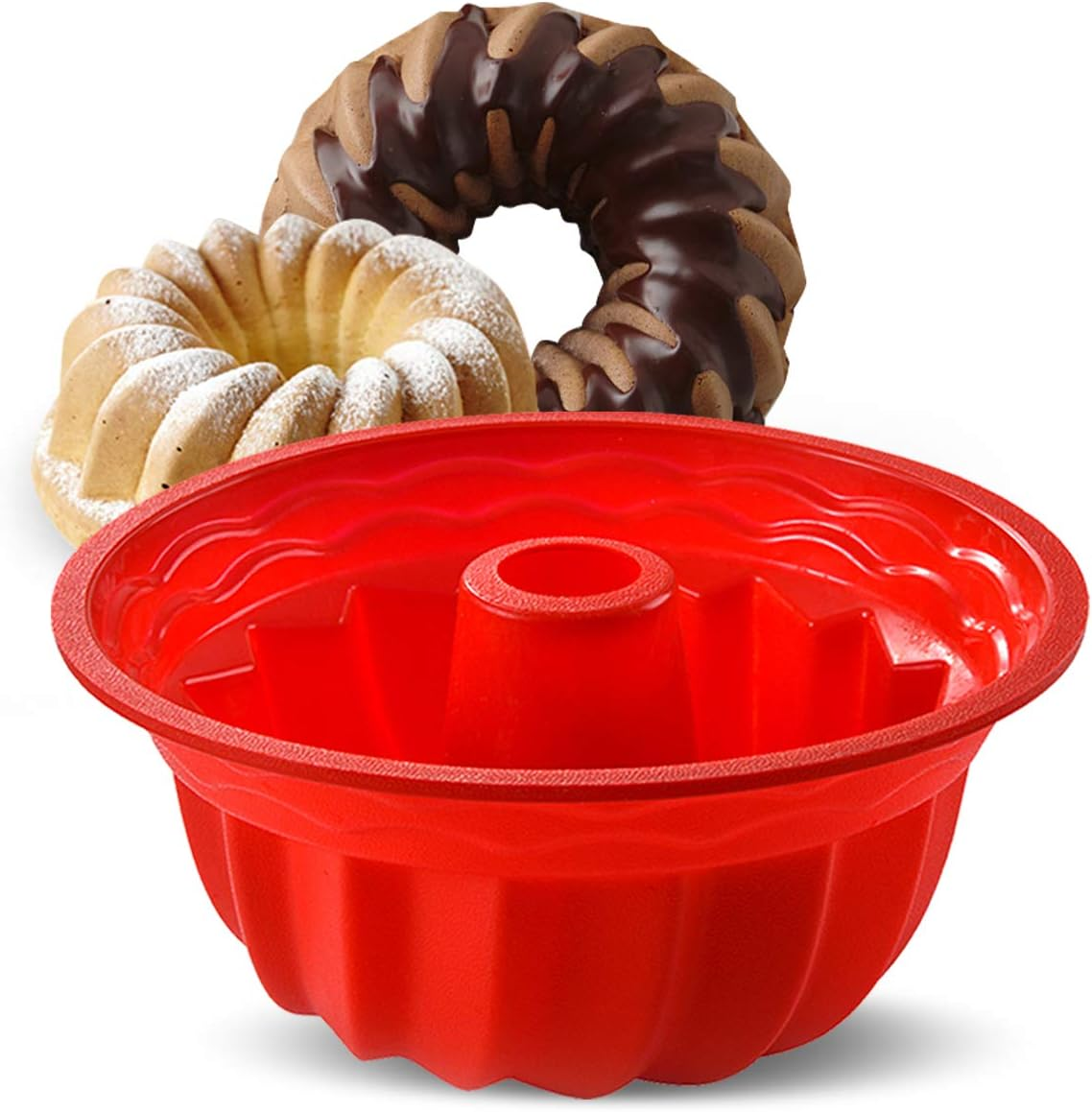 Aokinle Silicone Baking Molds, European Grade Fluted round Cake Pan, Non-Stick Ring Mold Cake Pan for Jello, Mousse,Cake,Gelatin,Bread, 9.45 Inches Tube Bakeware Red image number 3