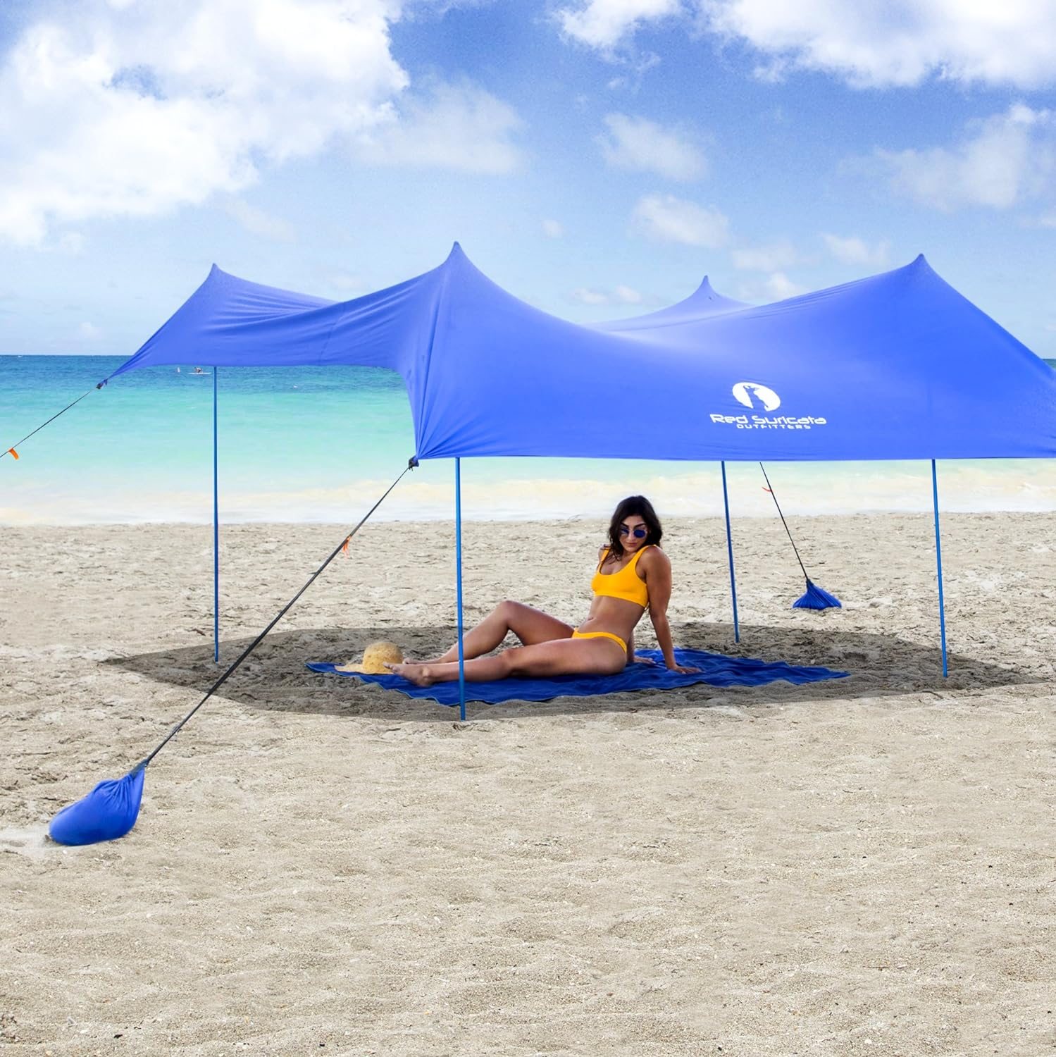 Red Suricata Family Beach Sunshade - Sun Shade Canopy | UPF50 UV Protection | Water Repellent Tent with 4 Aluminum Poles, 4 Pole Anchors, 4 Sandbag Anchors | Portable Shelter Tarp (Large, Black)