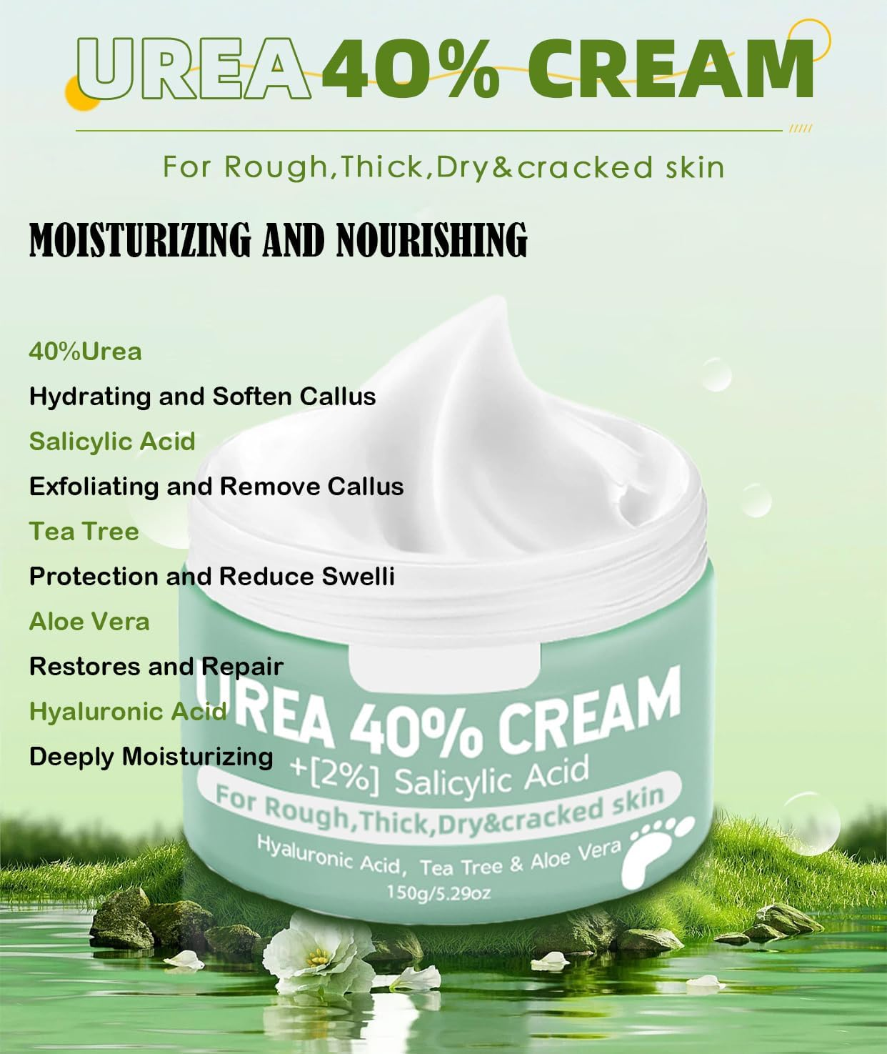 Urea Cream 40 Percent for Feet plus 2% Salicylic Acid 5.29 Oz || Foot Cream and Hand Cream Maximum Strength with Hyaluronic Acid, Tea Tree, and Aloe Vera for Deep Moisturizes, Callus Remover (1)