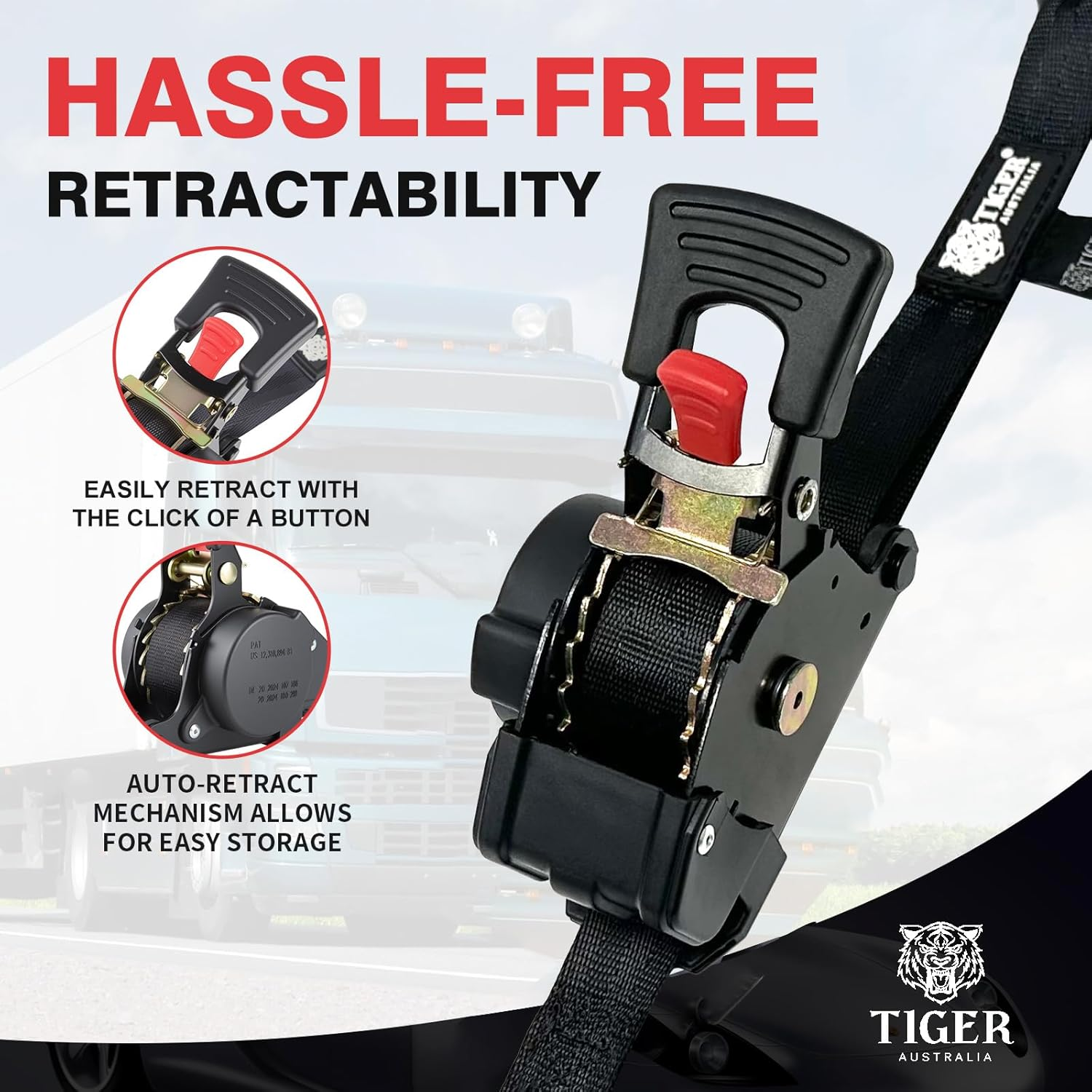 Tiger Australia Retractable Ratchet Straps 4 Pack &ndash; 25Mm X 3M Tie down Straps, Upgraded to Stainless Steel Spring, with S-Hooks and Storage Bag, for Trailers, Utes, Boats, Moving image number 3