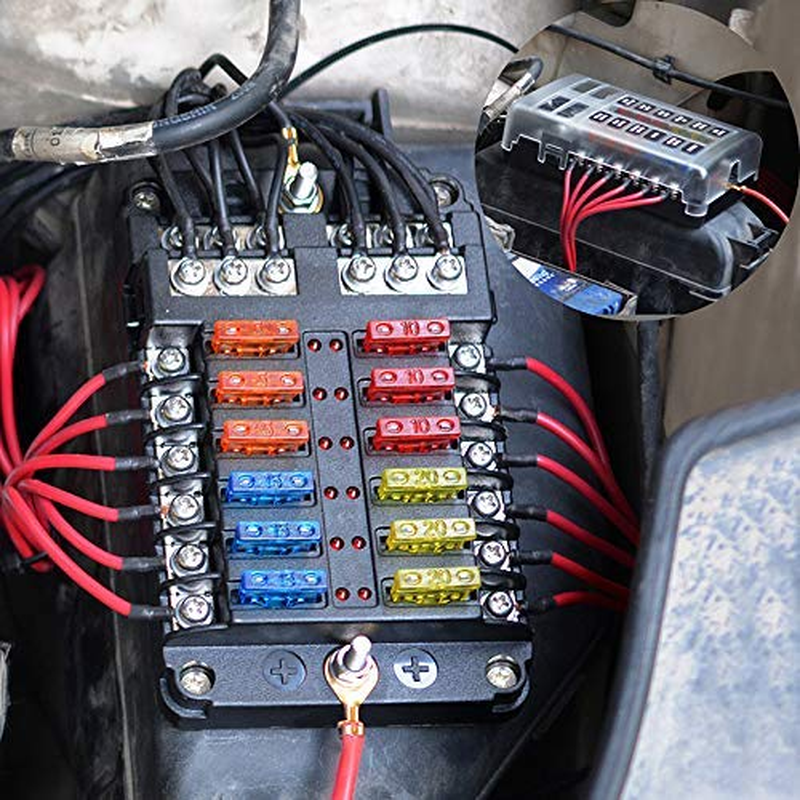 Upgraded 12 Way Fuse Block Box with Thumbscrew and LED Indicator, 12 Circuit Blade Fuse Box Holder W/Negative Bus Damp-Proof Cover Label Sticker for 12V/24V Auto Car RV Marine Boat and Yacht image number 1
