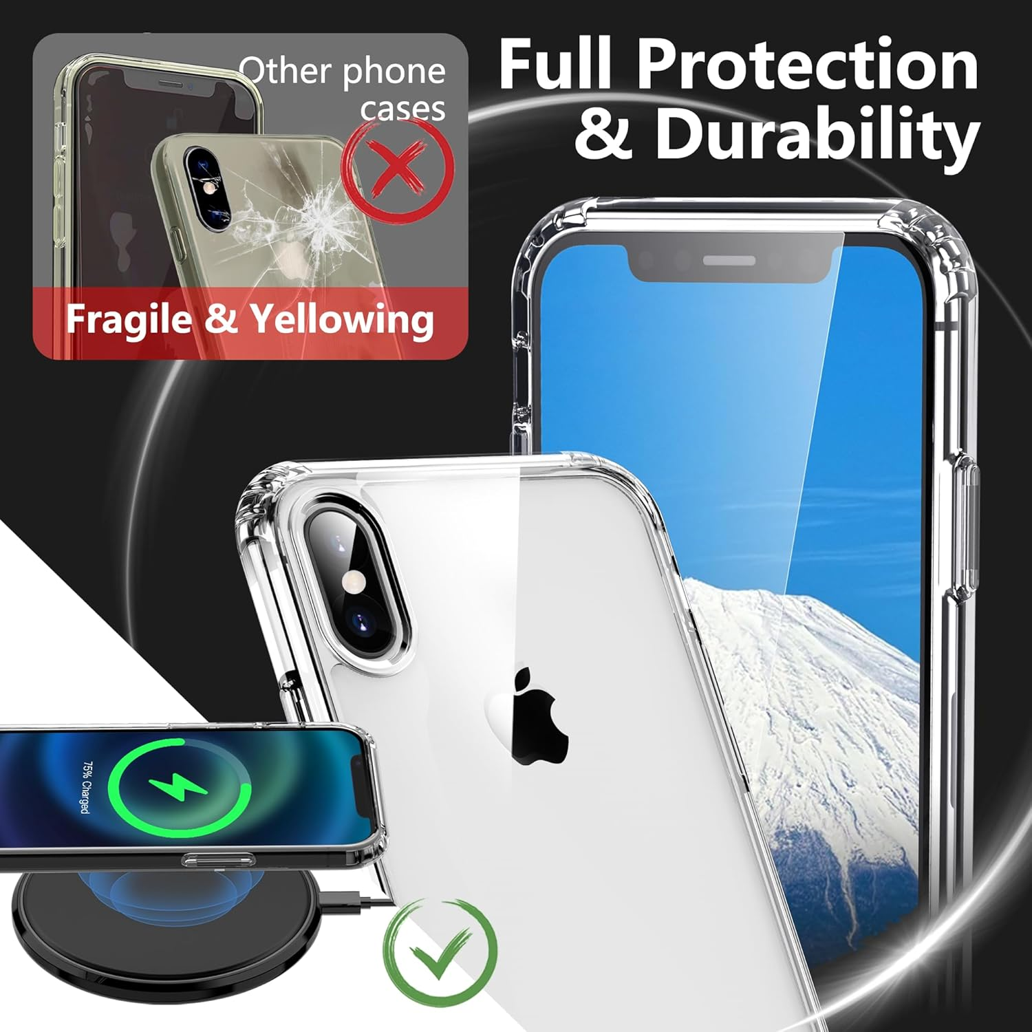 ONES for Iphone X/Xs Case Clear Slim [Shockproof Airbags] [Camera & Screen Protect] [Anti Yellow], PC + TPU Bumper Hybrid Protective Thin Hard Cover for Iphone 10 / 10S 5.8 Inch, Transparent image number 6