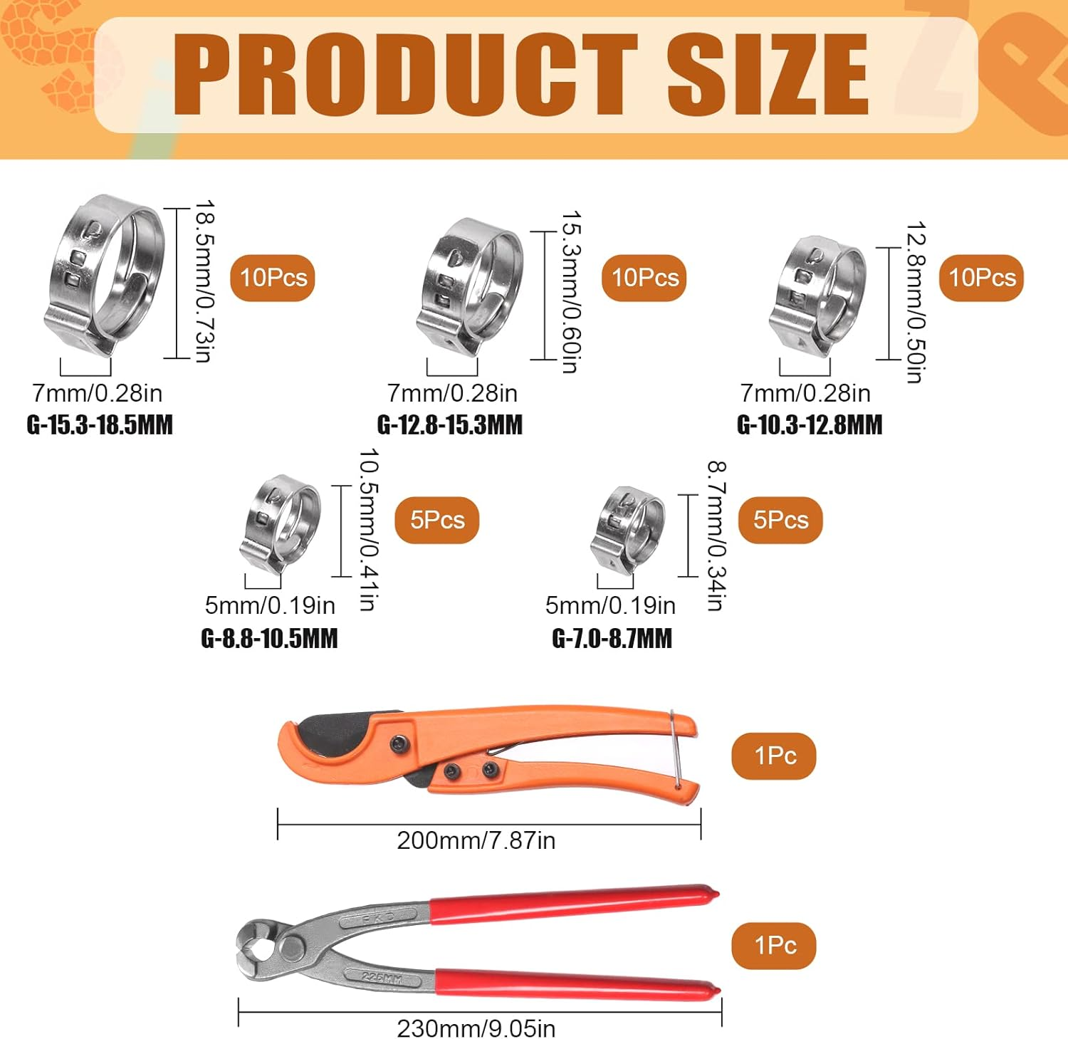 Tanstic 42Pcs 9 Inch Ear Clamp Pliers with 5 Sizes 304 Stainless Steel Single Ear Hose Clamps and PEX Tube Cutter, Pincer Crimper Tool Ear Clamp Pliers Crimper Nail Puller image number 2