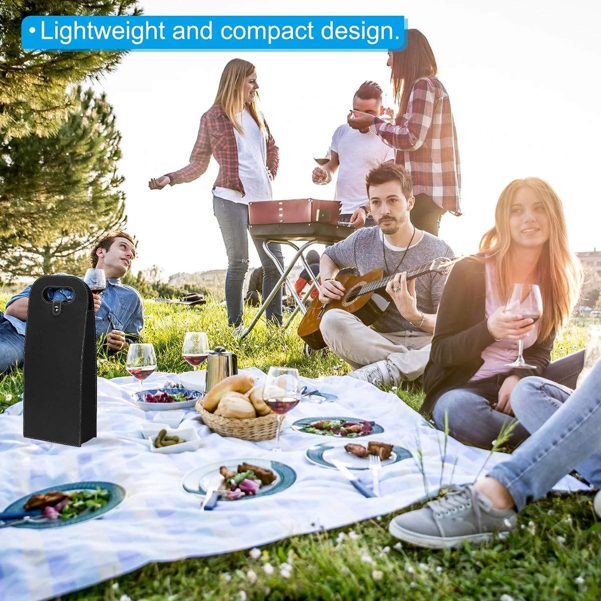 AIMALL PU Leather Wine Tote Bag Single/Double Bottle Foldable Portable for Picnic, Party, and Outdoor Use, Practical Handle, Metal Buckle Closure, 750Ml Capacity - Black-Single image number 6