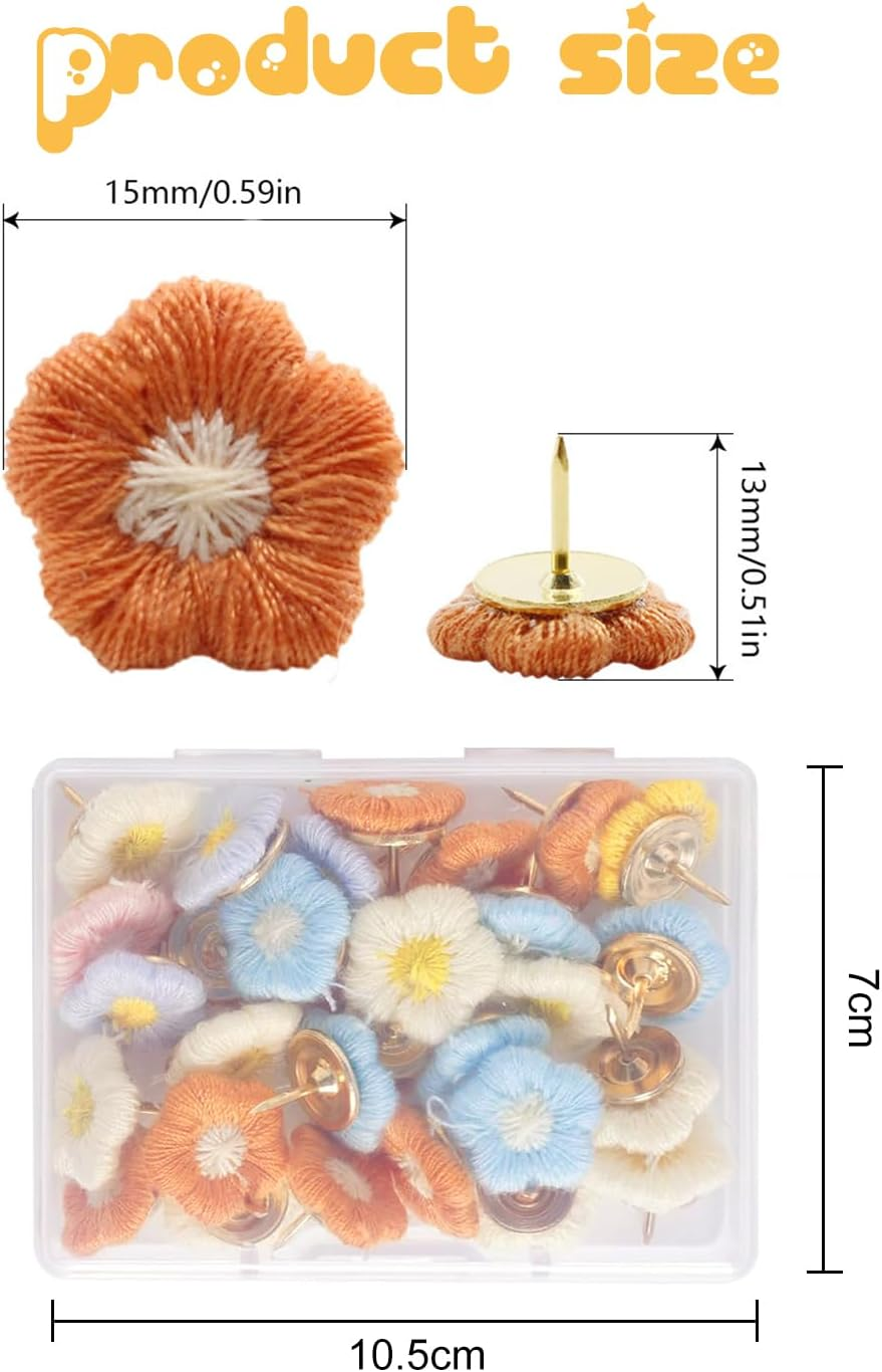Funcyboo 30Pcs Cute Flower Push Pins, 6 Colors (White, Green, Blue, Pink, Yellow, Orange), Stainless Steel & Fabric, Decorative Office & Home Display