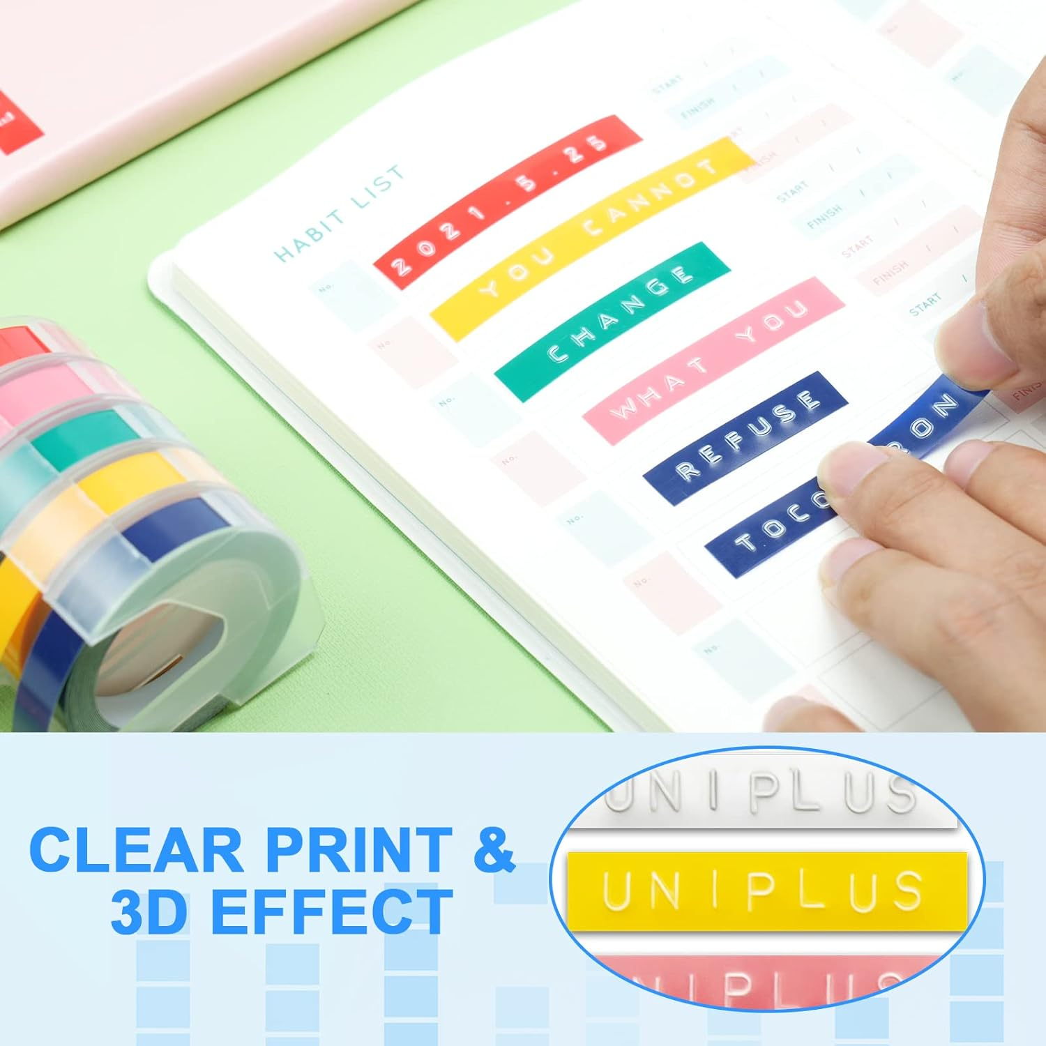 Uniplus 5 Rolls 3D Label Tape Replacement for Dymo Embossing Tape 9Mm X 3M for Dymo Omega Home Junior Organizer Xpress Pro Office-Mate II Motex E-101 E-303 Light Yellow/Light Blue/Light Green/Light image number 3