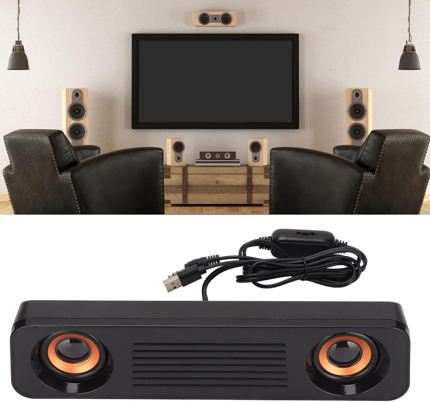 3.5Mm Computer Speakers for Desktop TV, USB Powered Compact Stereo Subwoofer, Wired Hifi Computer Sound Bar 360&deg; Surround Sound Long Speaker for Monitor, Laptop image number 5